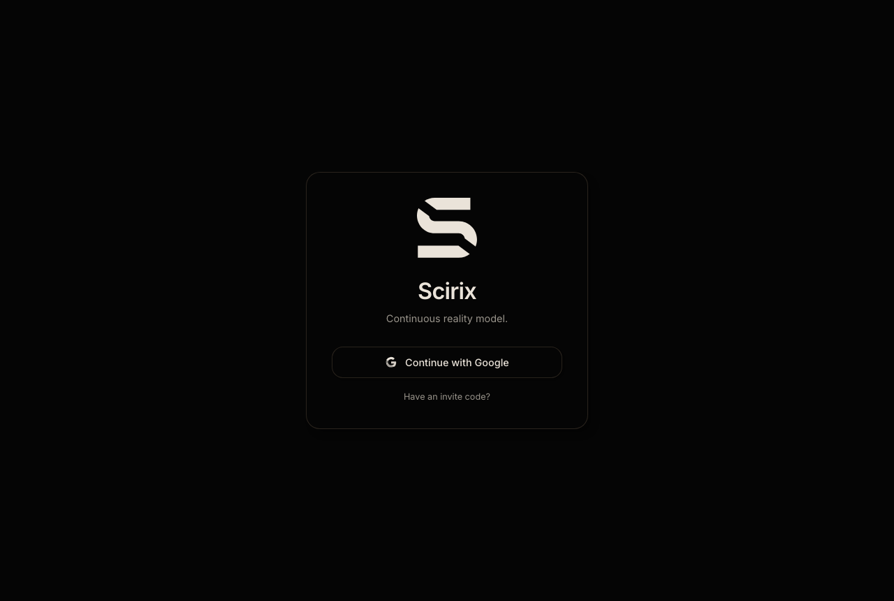 The Scirix sign-in page. Press "Continue with Google". If you were given an invite code instead, use "Have an invite code?" below the button.